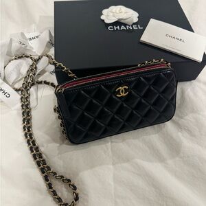 Chanel Black Quilted Double Zip Crossbody Bag with Gold Chain